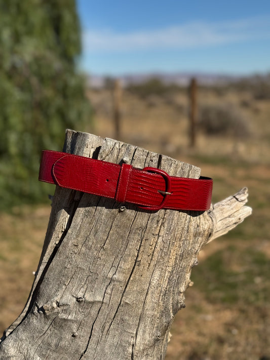 1980s Red Genuine Leather “Snakeskin” Belt