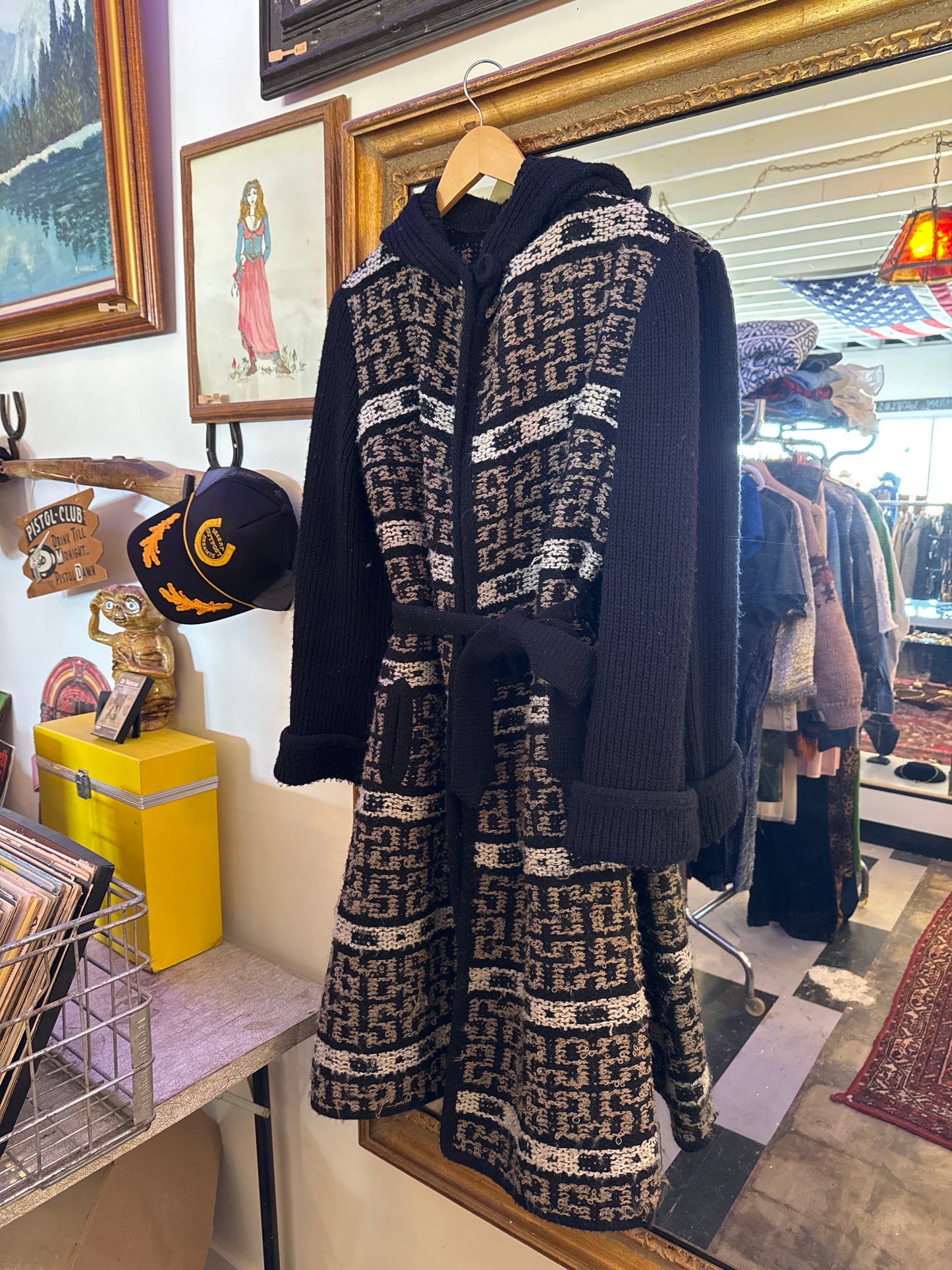 1970s hooded duster cardi + wrap belt