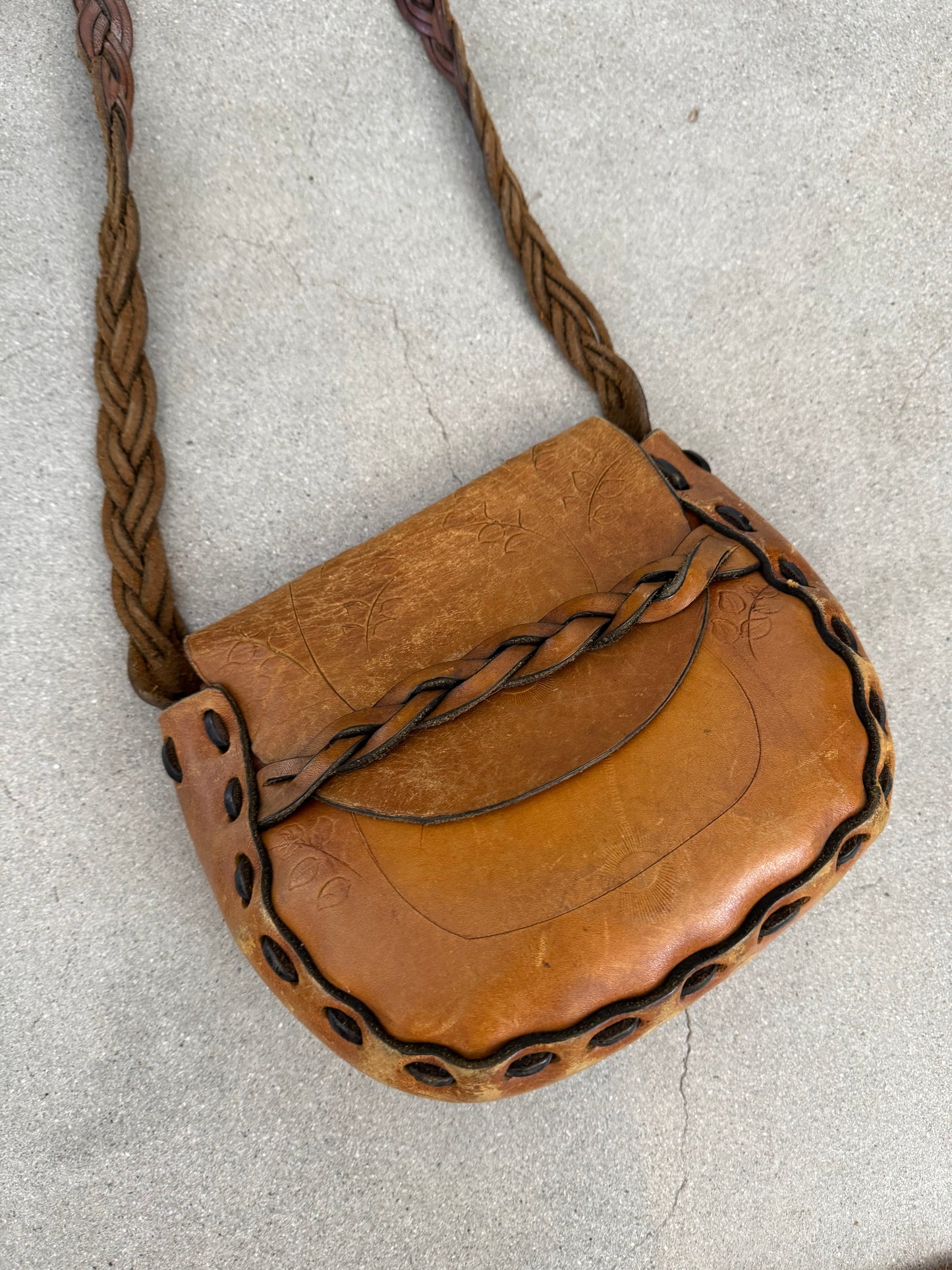 70s tooled leather satchel