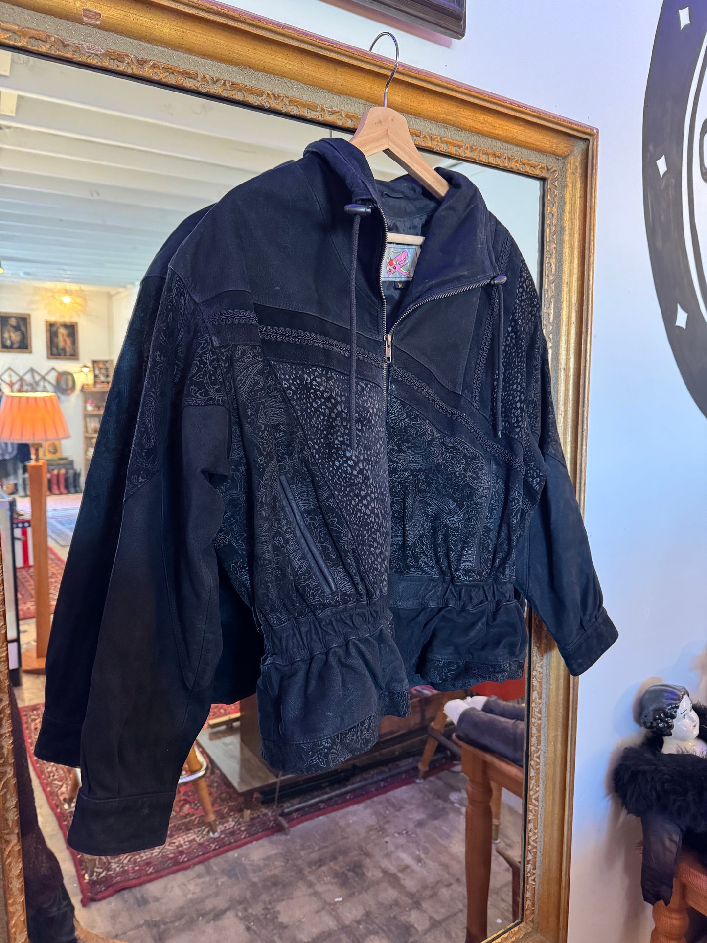 80s black leather bomber jacket Sz S / M