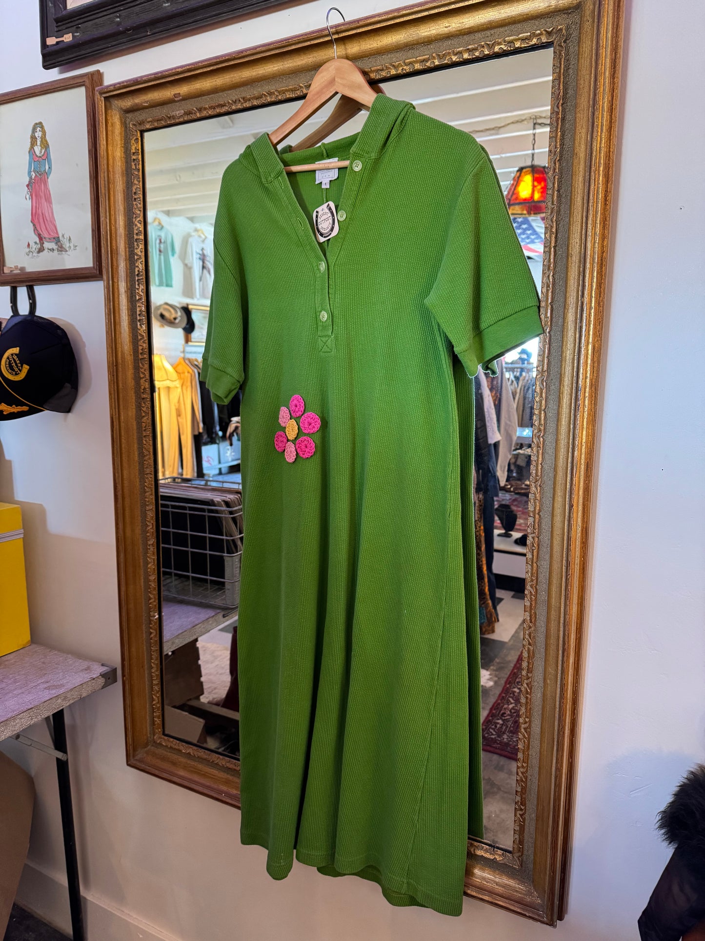 90s Green floral patch dress + hood Sz S - L