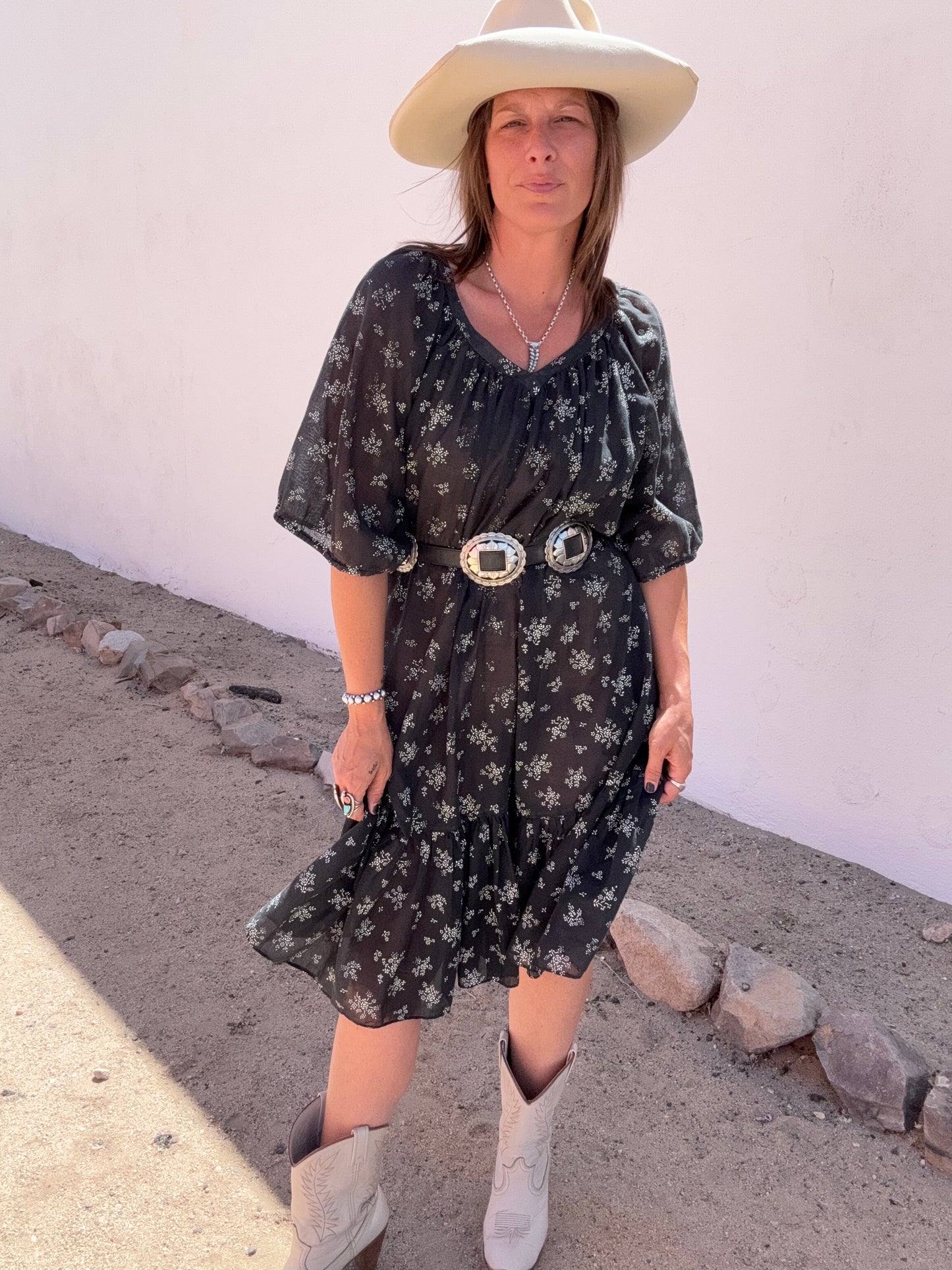 1970s Sheer Black Floral Dress