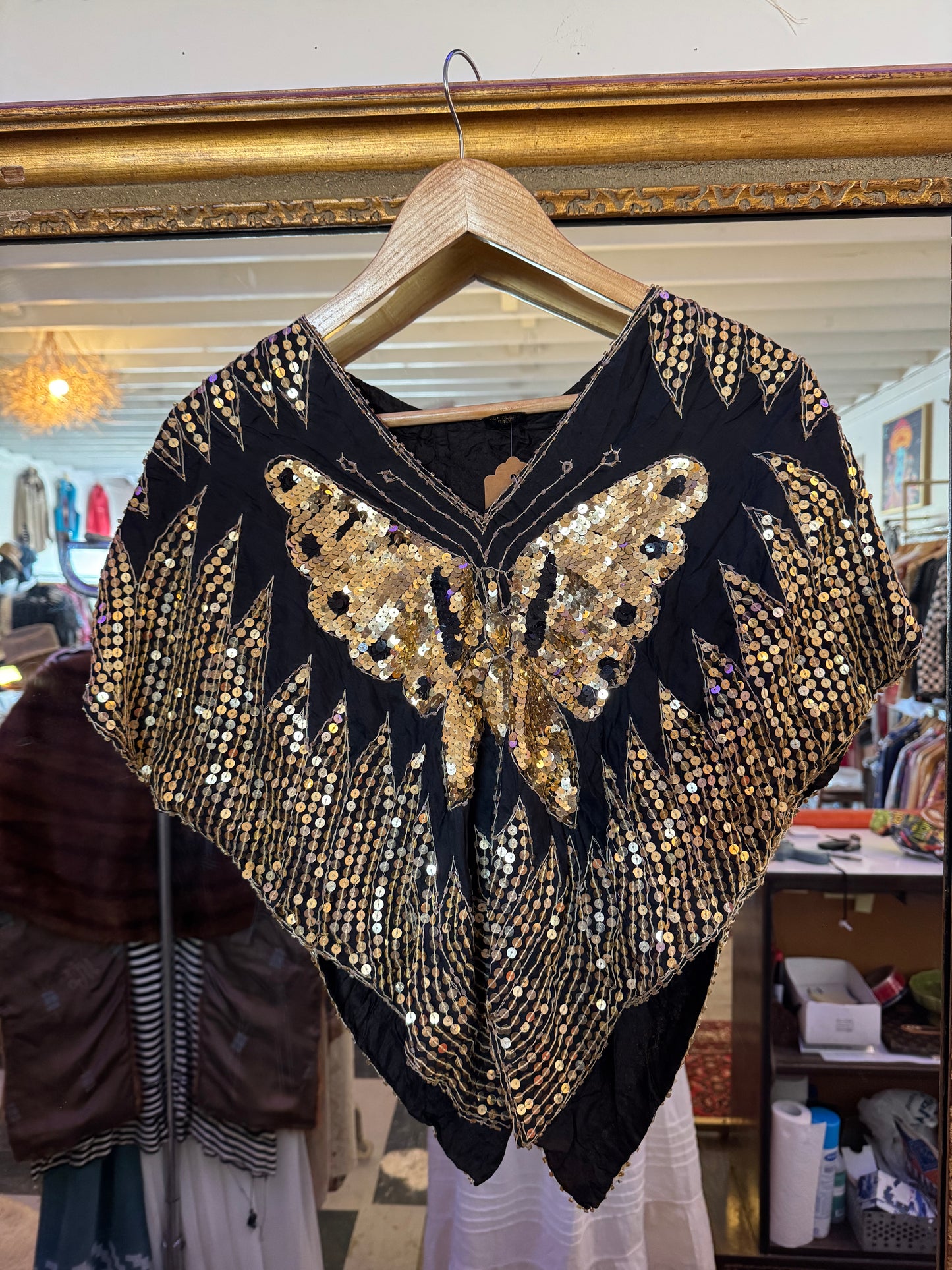 1980s sequin butterfly blouse Sz S / M