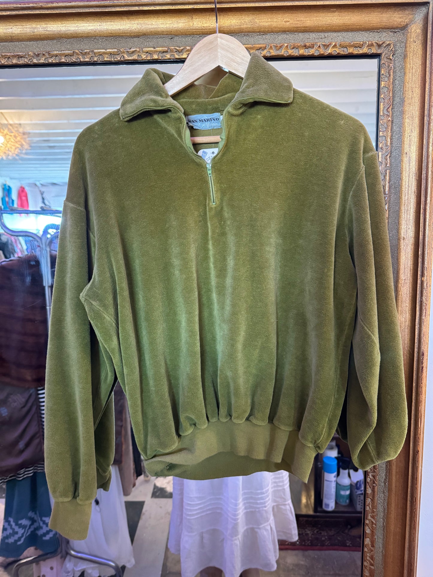 70s green velour half zip sweater Sz S / M