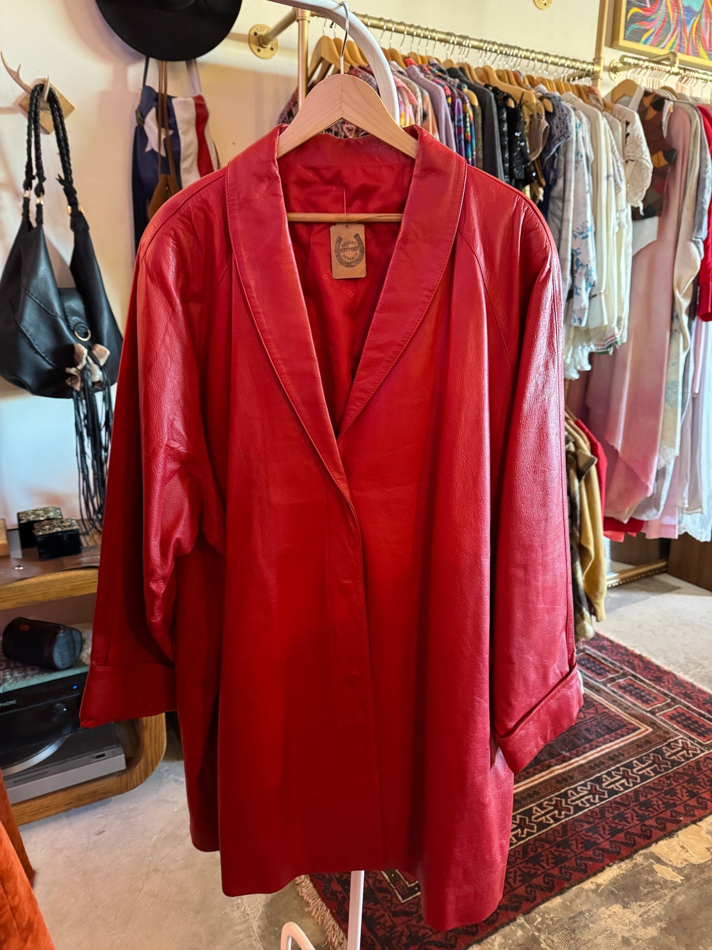 80 Red Leather Coat Sz XL+