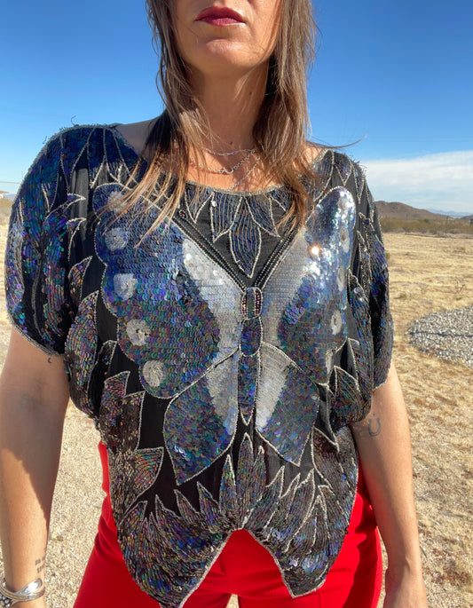 1980s India Butterfly Silk Disco Top