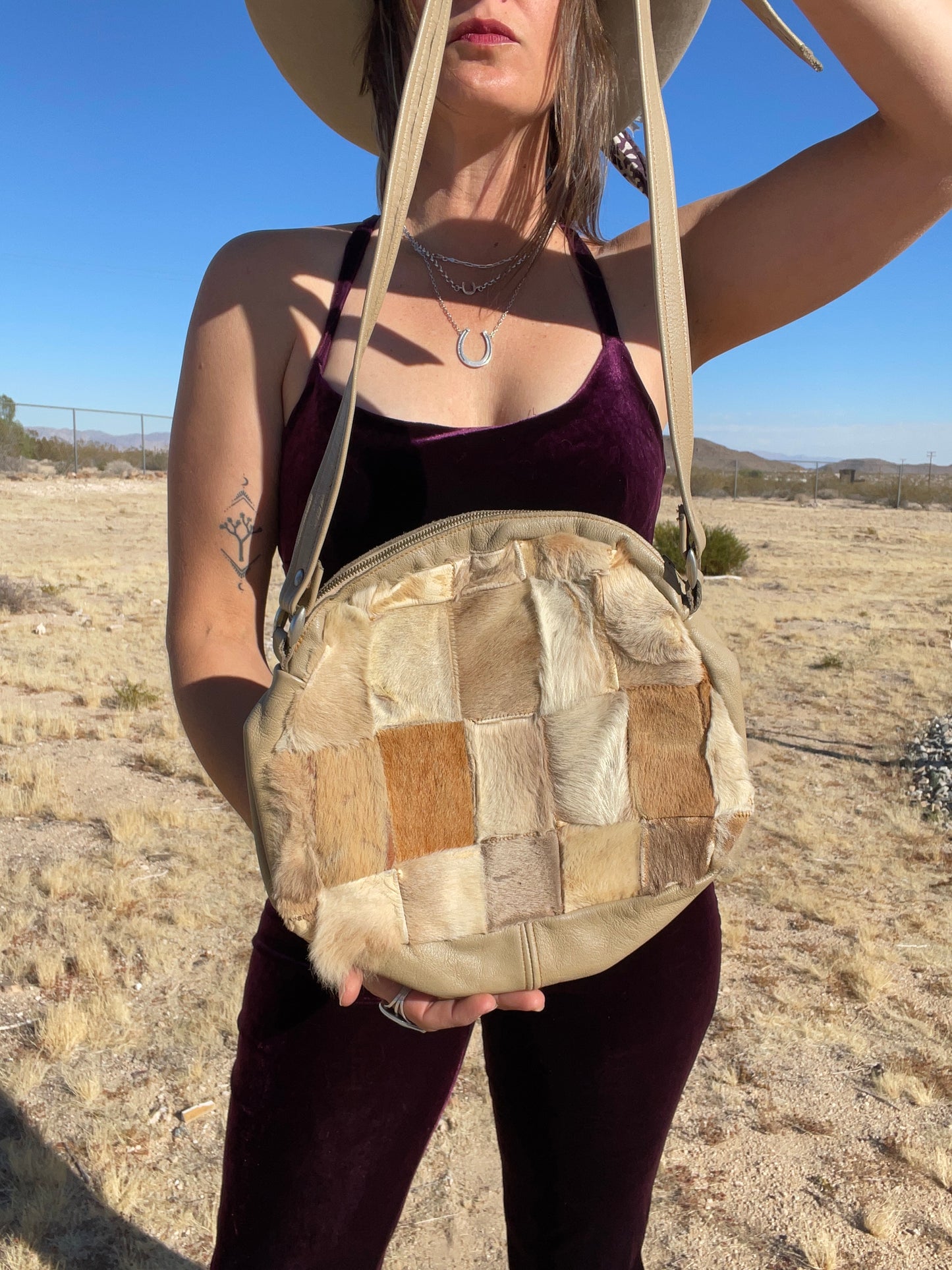 1970s Fur + Leather Checkered Bag