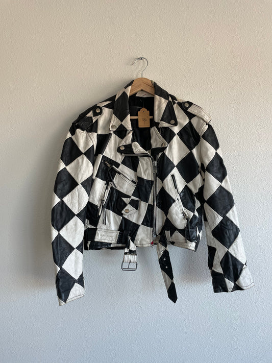 LA ROXX Leather Checkered Moto Jacket