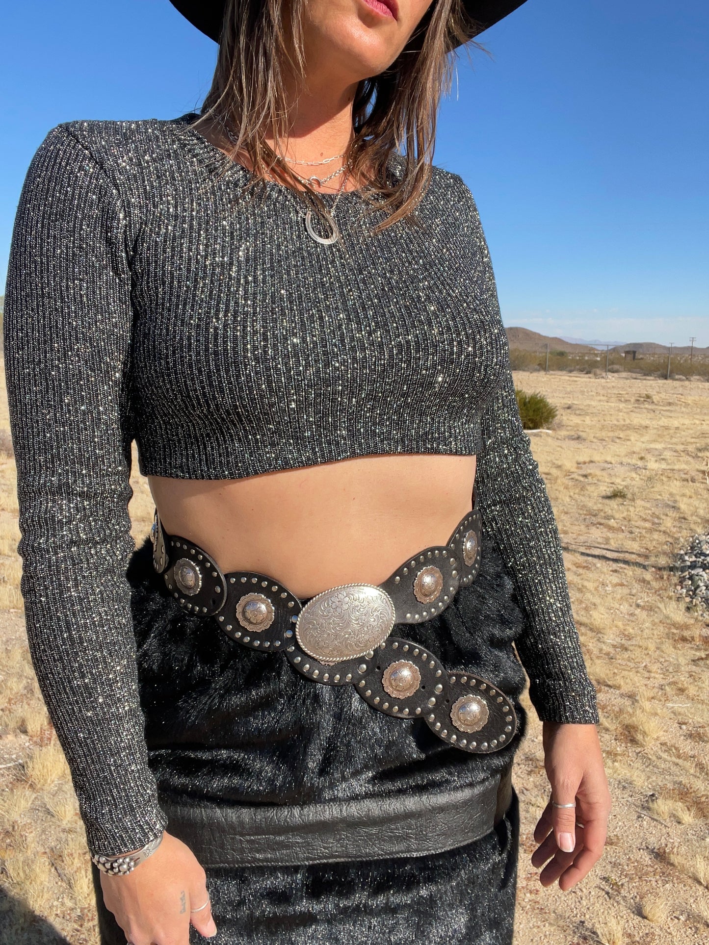 1970s Metallic Crop Long Sleeve Top