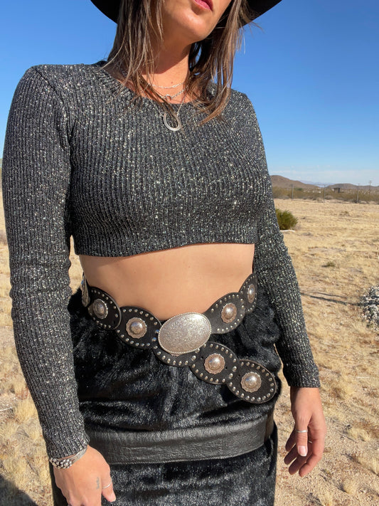 1970s Metallic Crop Long Sleeve Top