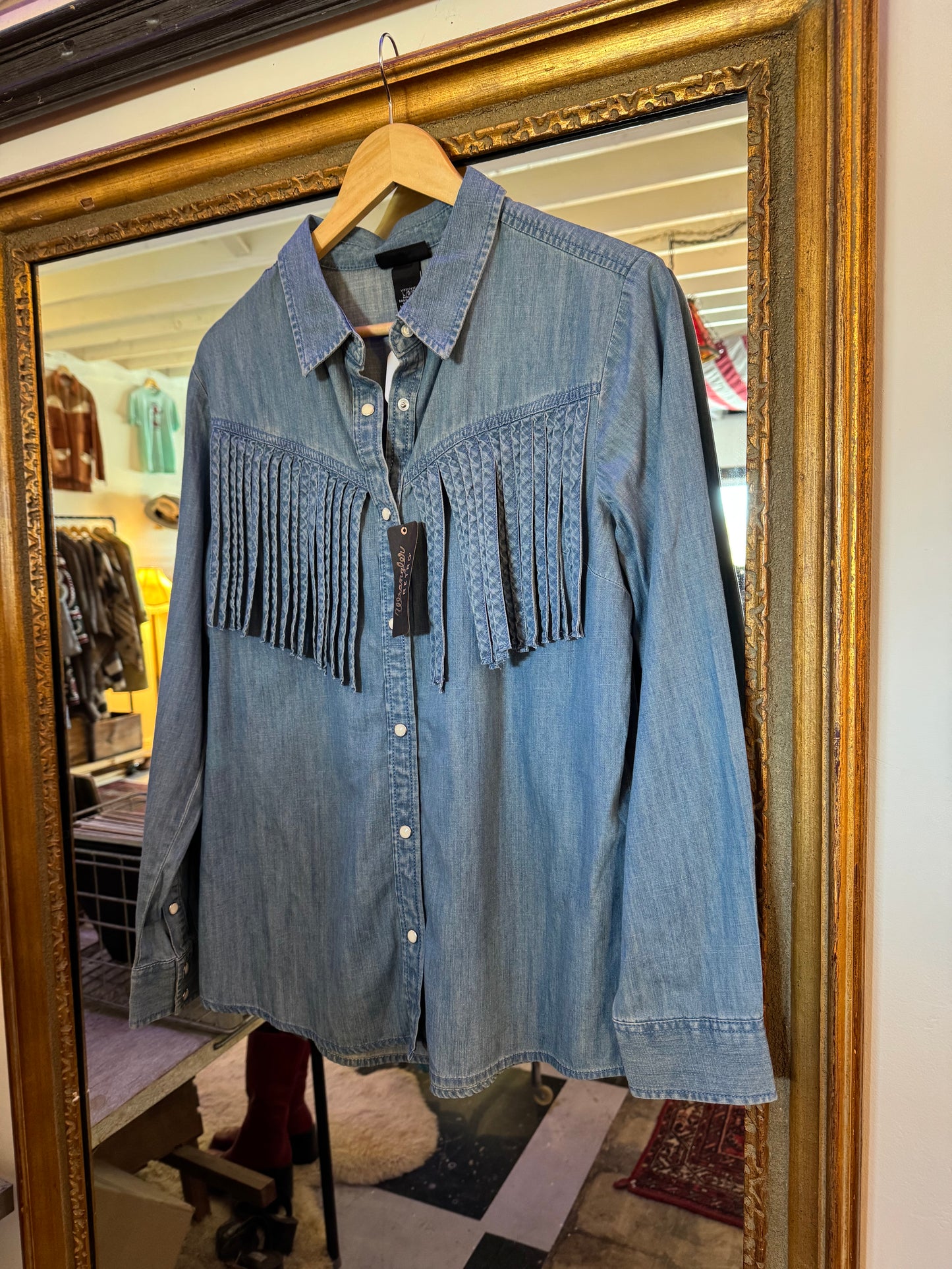 Retro Wrangler denim fringe button up Sz S - M