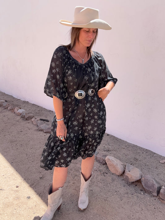 1970s Sheer Black Floral Dress