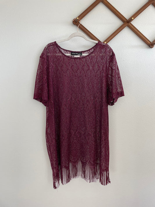 90s maroon fringe sheer dress