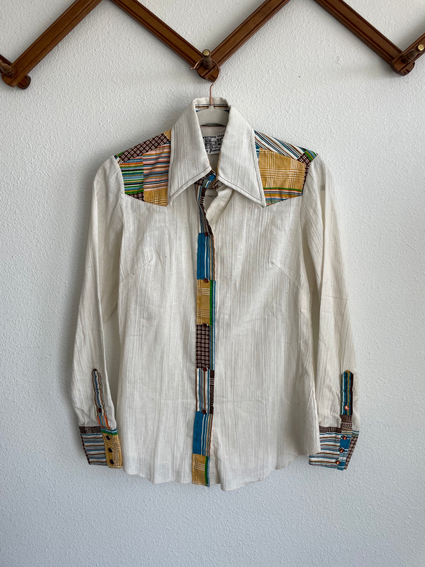 70s gauzy patchwork pearlsnap Sz S