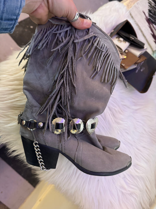 Grey boots with concho harness
