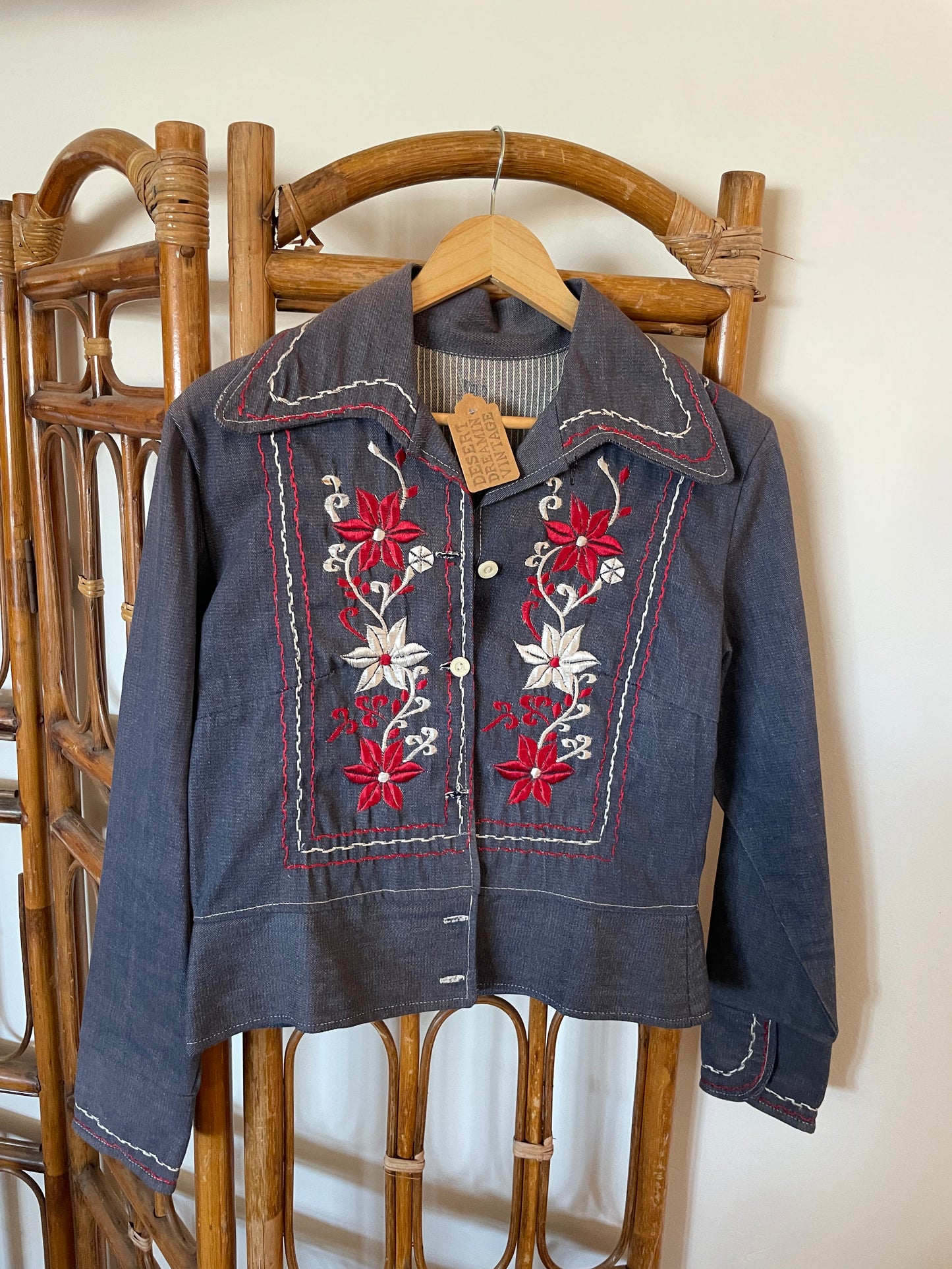 1970s denim embroidered jacket Sz S - M