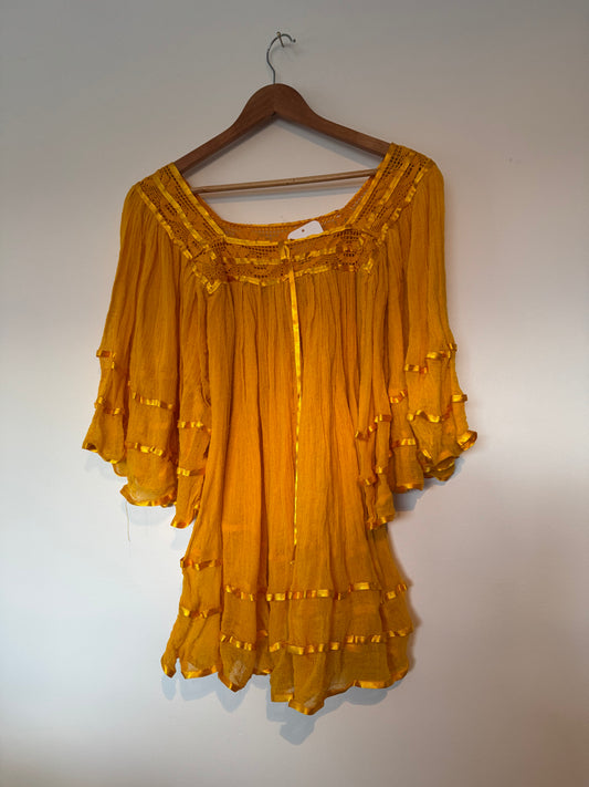 Vintage Marigold Gauzy Cotton Mexican Blouse Free Size